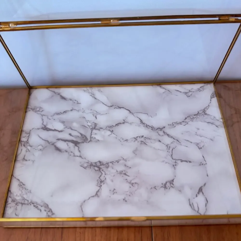 Glass Gold Display Box Lidded Faux Marble Chain Latch Trinket Jewelry 12 x 8